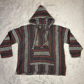 Men's Baja Hoodie Drug Rug Pullover Sweater Charcoal Red Striped Size L