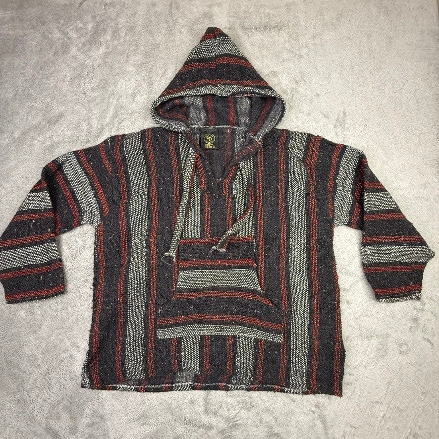 Men's Baja Hoodie Drug Rug Pullover Sweater Charcoal Red Striped Size L