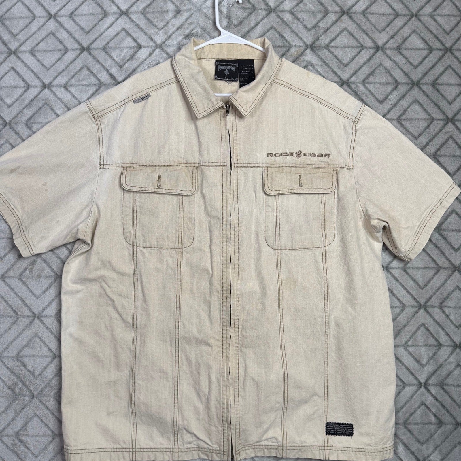 Rocawear Men's Tan Short Sleeve Zip Up Workwear Shirt Casual Tan Size XL