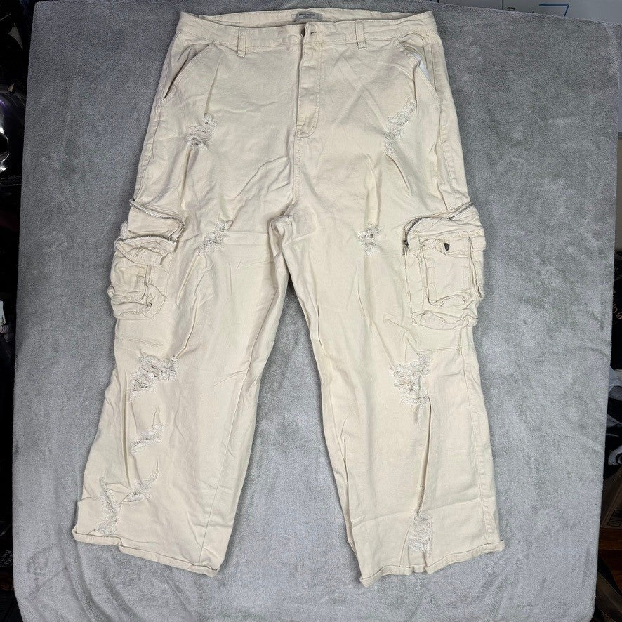 American Bazi Cream Distressed Cargo Pants Wide Leg Cropped Ripped Baggy Pants