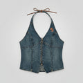Harley Davidson Womens Blue Denim Halter Top Embroidered Winged Zip Front Small