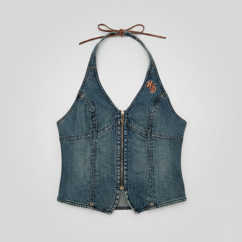 Harley Davidson Womens Blue Denim Halter Top Embroidered Winged Zip Front Small