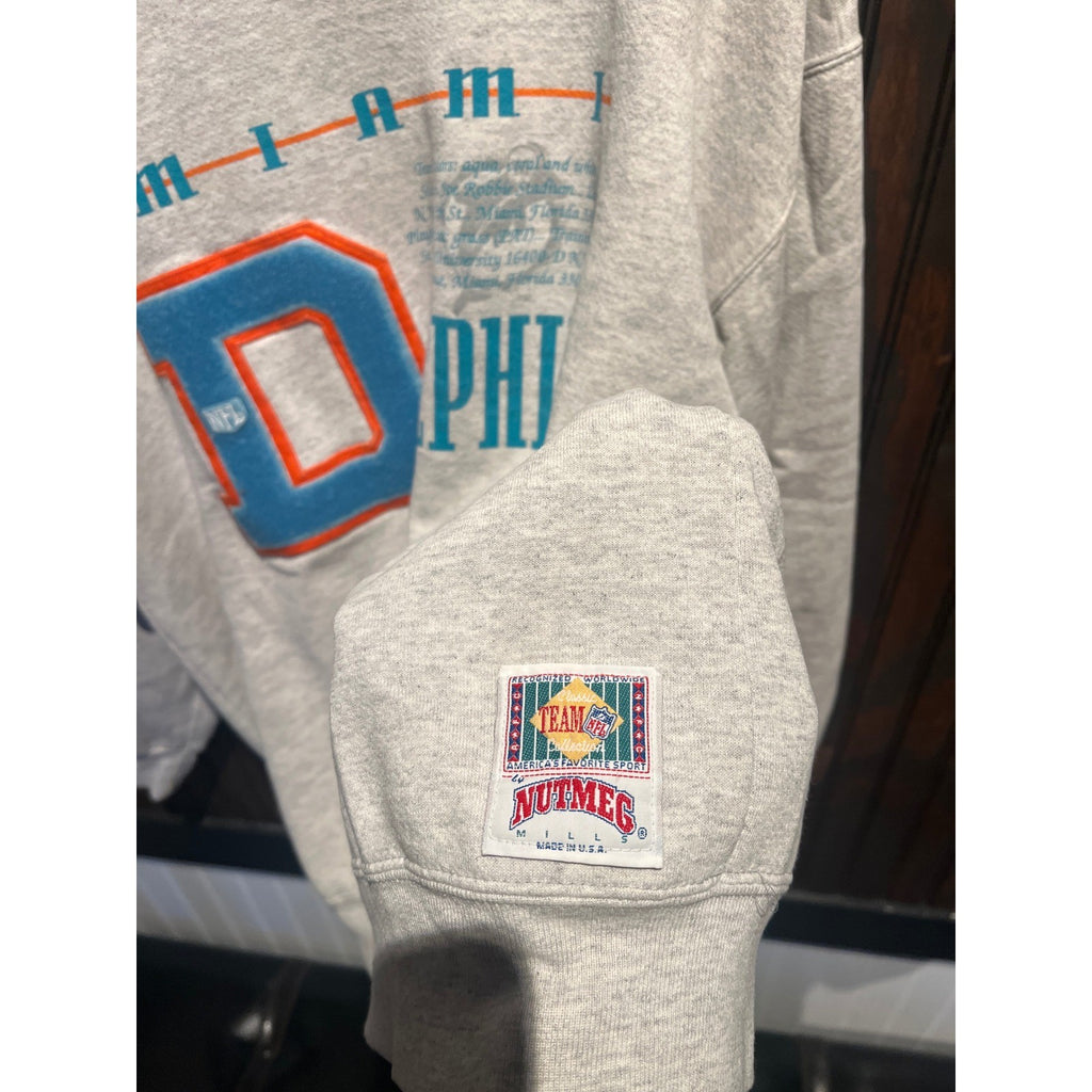 Vintage Miami Dolphins NFL Sweatshirt Gray Chenille Patch Pullover Mens XL 30x27