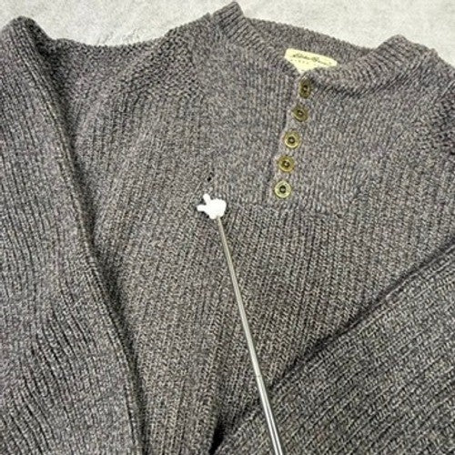 Eddie Bauer Mens Gray Ribbed Knit Henley Sweater L 100% Cotton USA Made