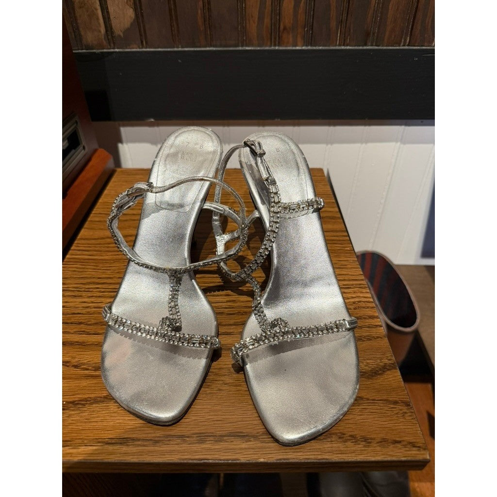 Vera Wang Silver Rhinestone Strappy Heels Womens Size 7B Evening Formal Sandals