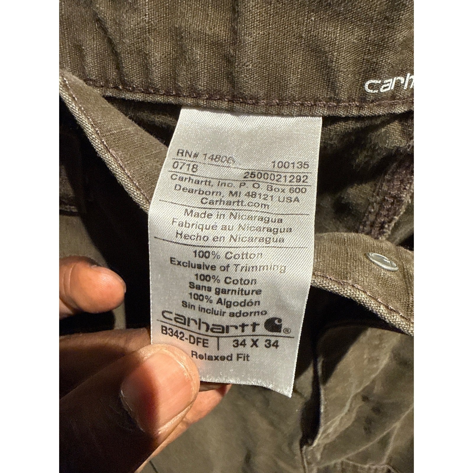 Carhartt Relaxed Fit Cargo Pants Mens 34x33 Olive Khaki Canvas double knee