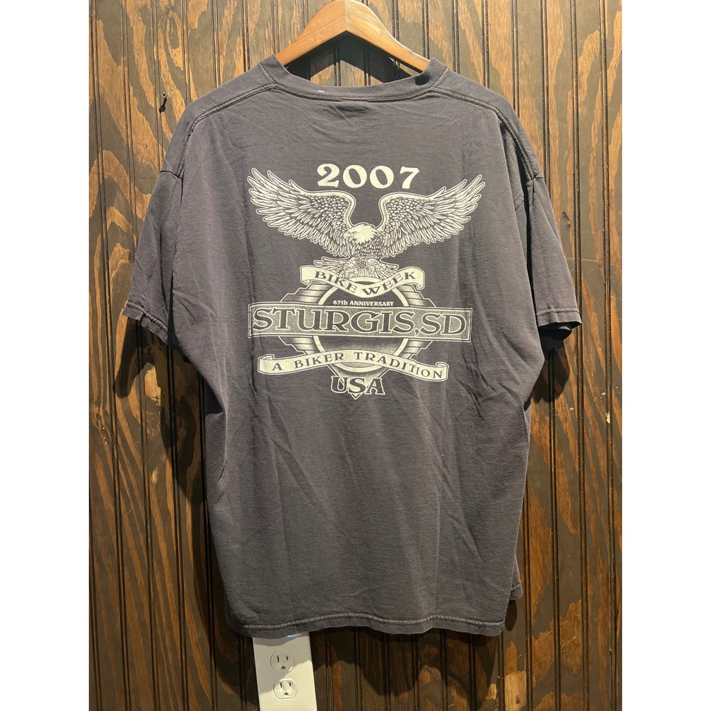 Vintage 2007 Sturgis Biker Rally Eagle Graphic T-Shirt Faded Black Mens XL 24x28
