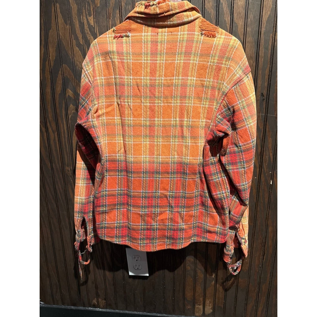 Gallery Dept Distressed Flannel Shirt Orange Red Plaid Button Down Mens Large