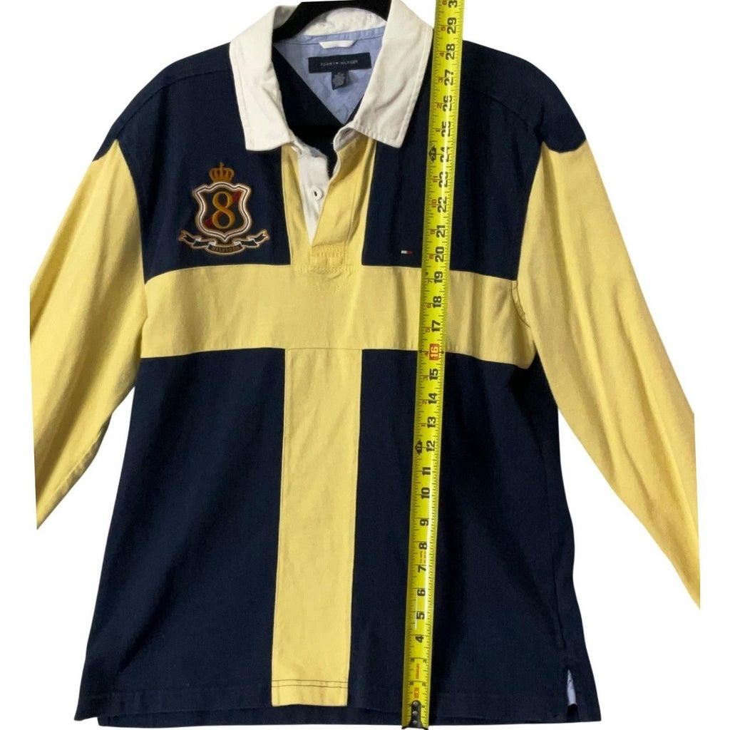 Tommy Hilfiger Rugby Shirt Yellow Navy Long Sleeve Crest Logo Men's Size M