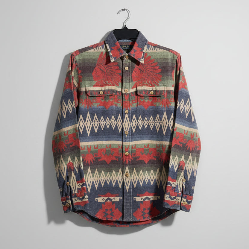 Polo Ralph Lauren Mens Southwestern Flannel Shirt Relaxed Fit Red Blue Small