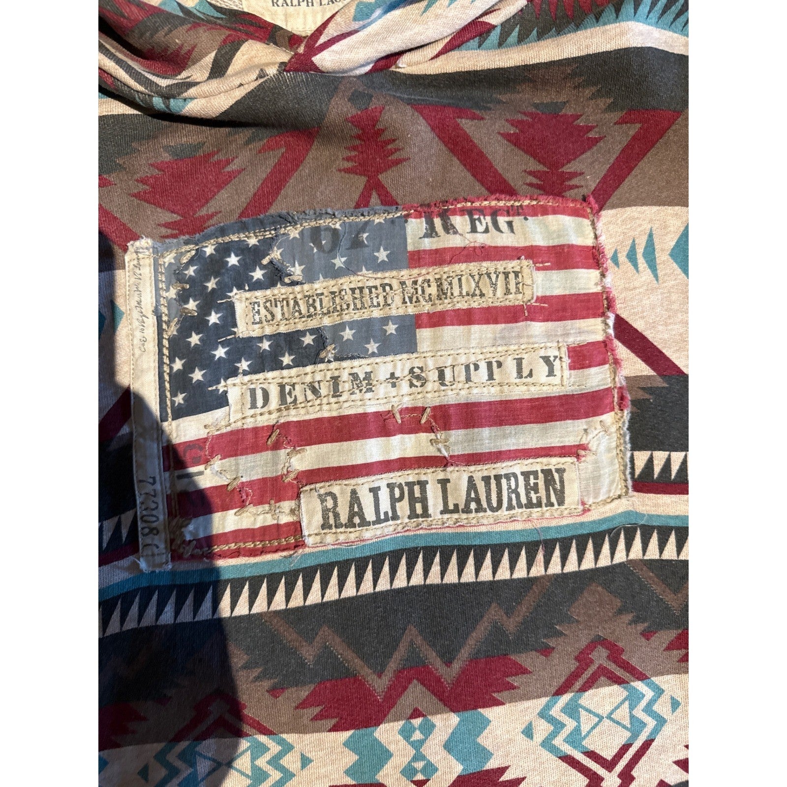 Denim & Supply Ralph Lauren Mens XXL Southwestern Aztec Flag Patch Hoodie Multi