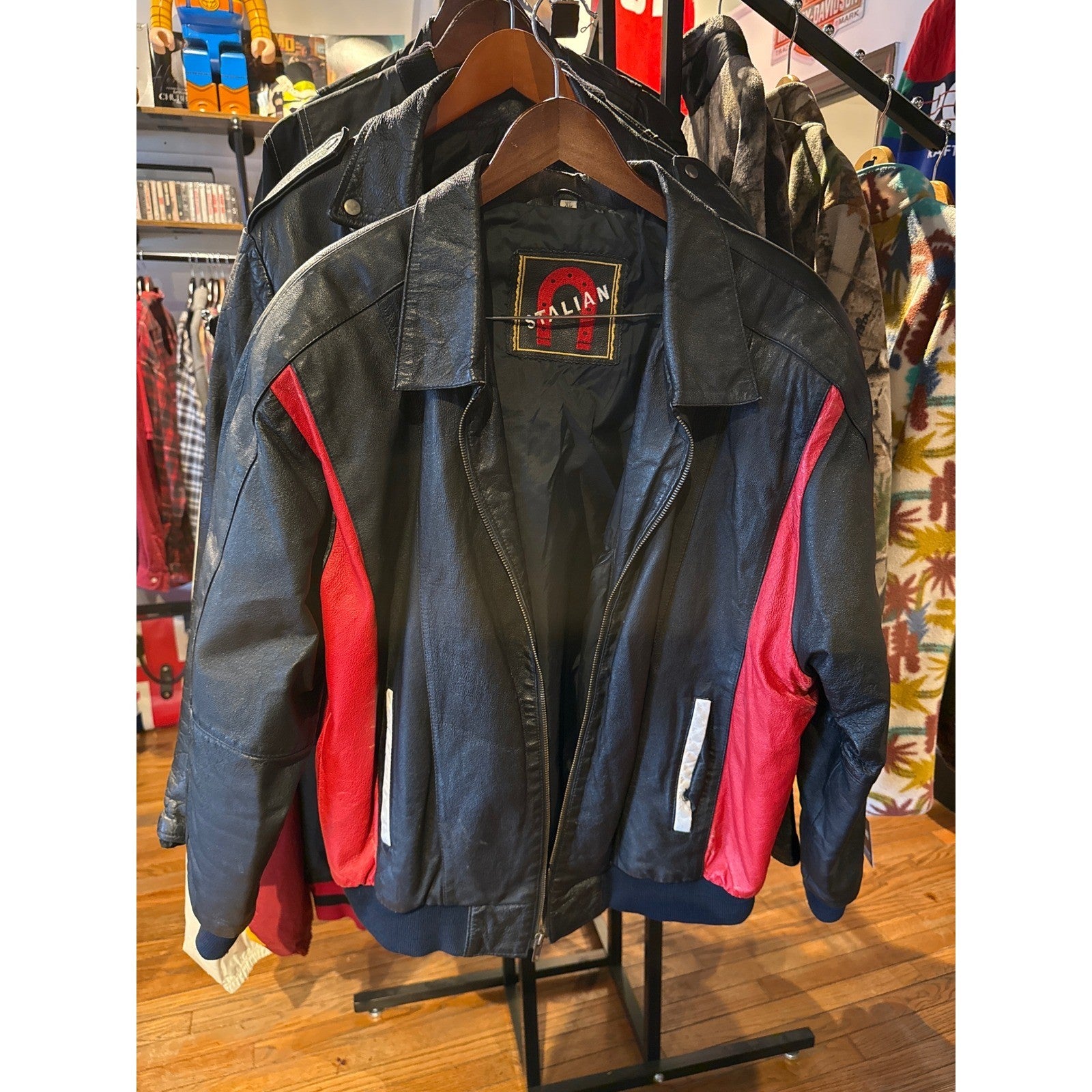 Vintage Italian Black Red Leather Bomber Jacket Racing Moto Style Full Zip Large  broken zipper