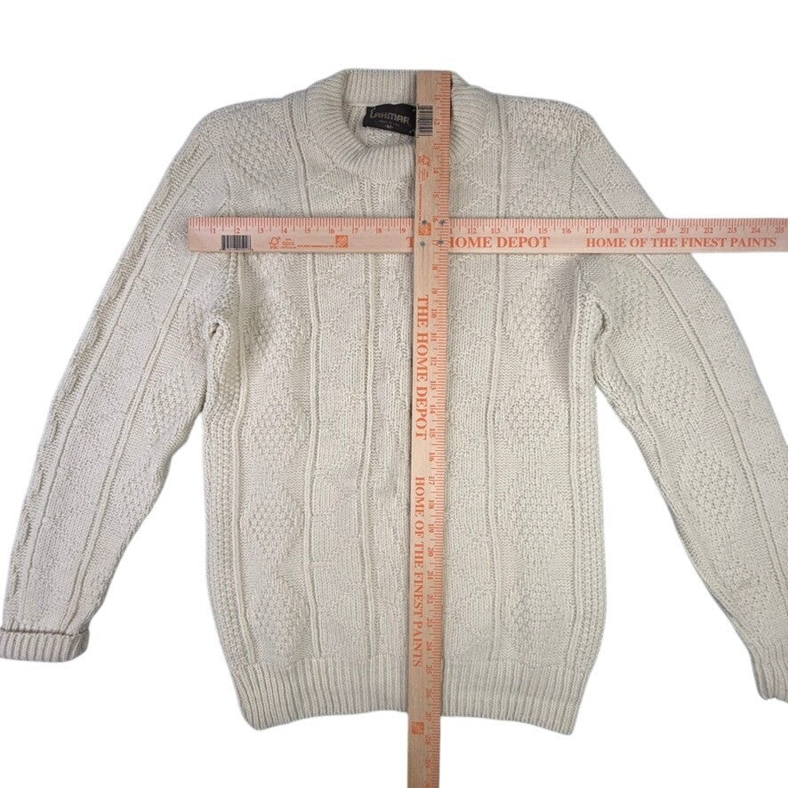 Lahmar Mens Cream Cable Knit Sweater Long Sleeve Crewneck Size M Made in USA