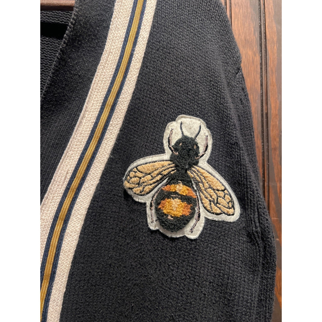 Gucci Mens Black Cotton Knit Bee Applique Striped Trim Cardigan Sweater Italy