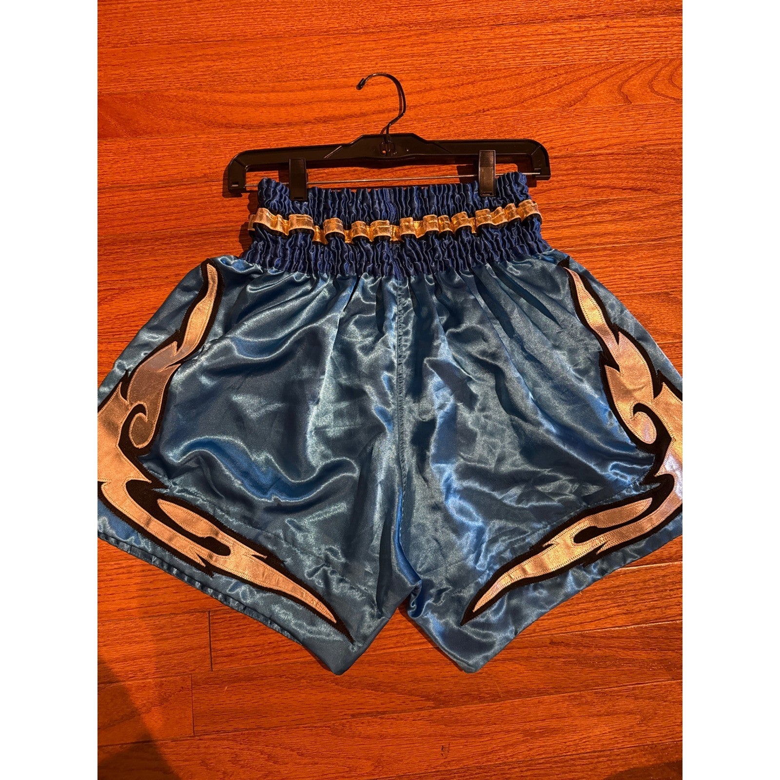 Boon Sport Muay Thai Shorts Blue Gold Silver Flame Satin Kickboxing Trunks Thai