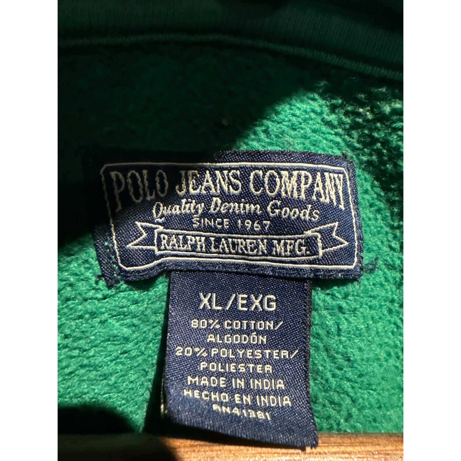 Polo Jeans Co Ralph Lauren Mens Green Full Zip Hoodie Spellout Logo XL RN41381