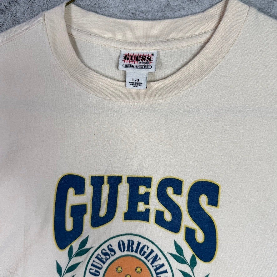 Guess Originals Cream Graphic T Shirt Mens Large L Short Sleeve Cotton Blend