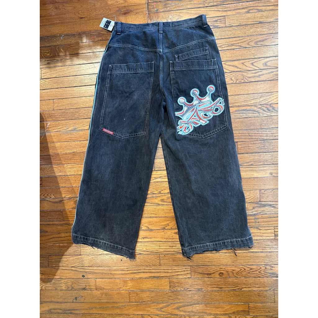 JNCO Jeans Vintage 90s Wide Leg Baggy Faded Black Denim 36x32 Embroidered Crown