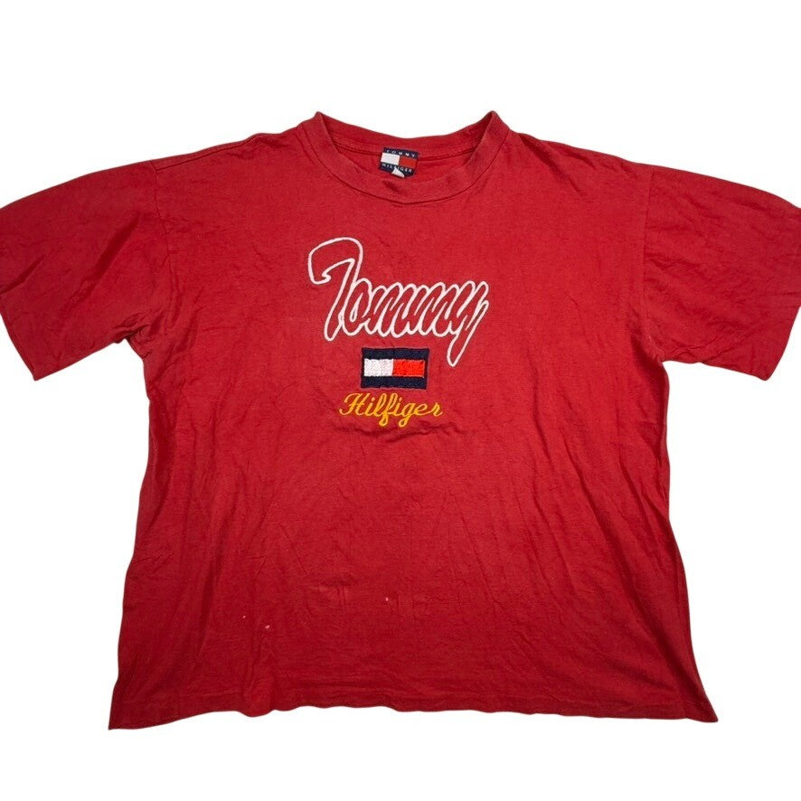 Vintage Tommy Hilfiger Red Graphic T Shirt Embroidered Logo Size XL