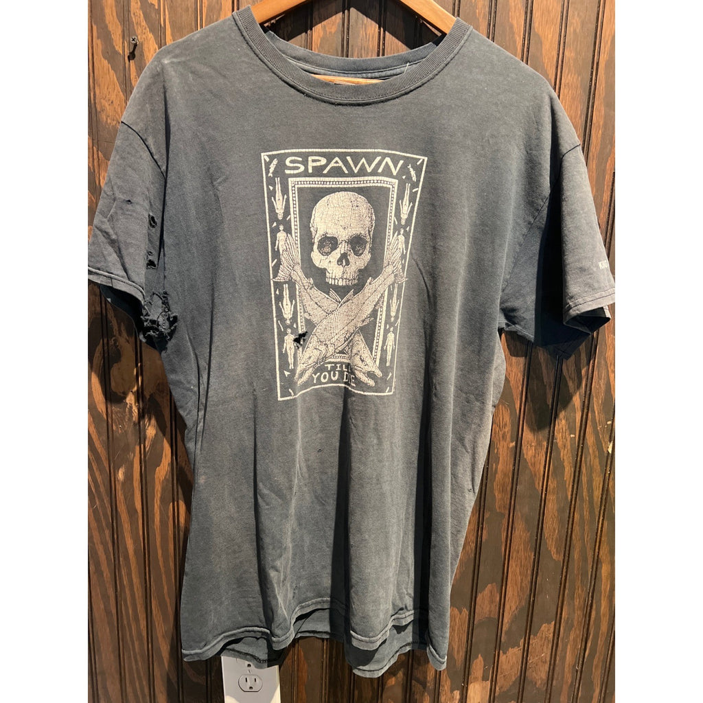 Vintage Spawn Till You Die Skull Fish Graphic T-Shirt Distressed Thrashed Black
