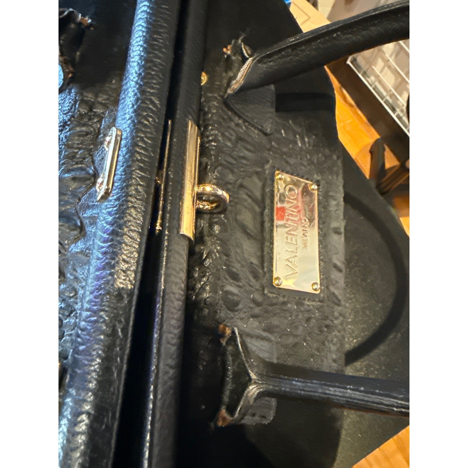 Valentino Orlandi Black Crocodile Embossed Leather Suede Satchel Frame Bag Italy