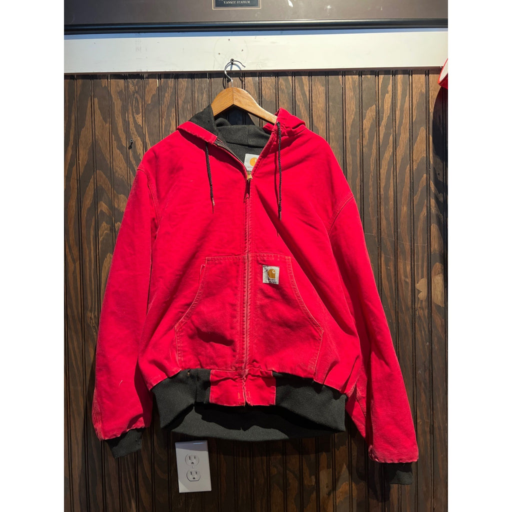 Carhartt Red Duck Canvas Thermal Lined Active Jacket Hooded Workwear XL 26x28