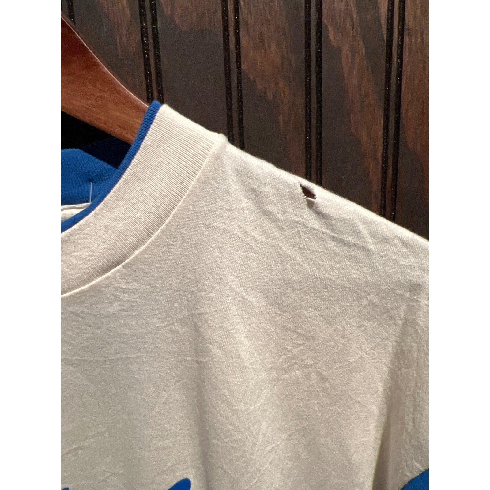Vintage Short Line Est 1922 Graphic T-Shirt Cream Blue Single Stitch Large