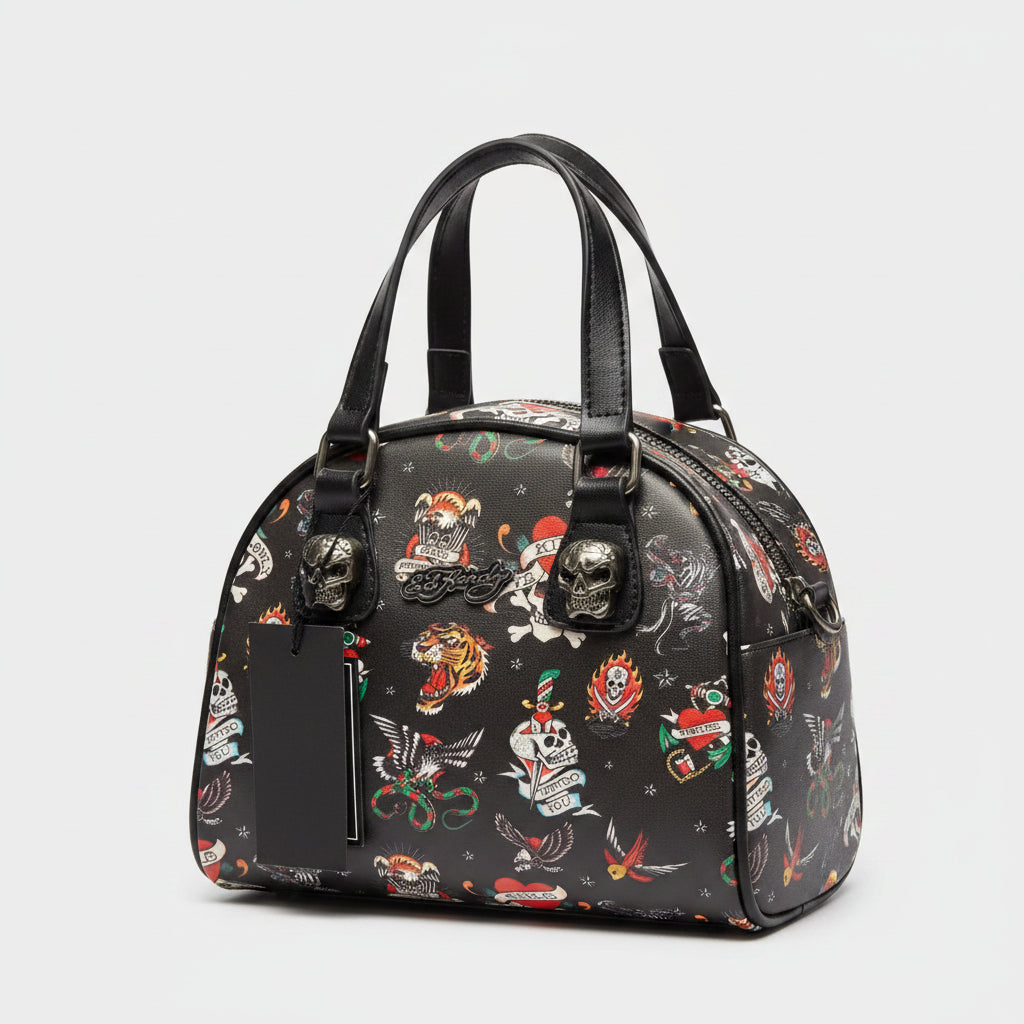 Ed Hardy Tattoo Flash Dome Satchel Bag Black Skull Hardware New NWT