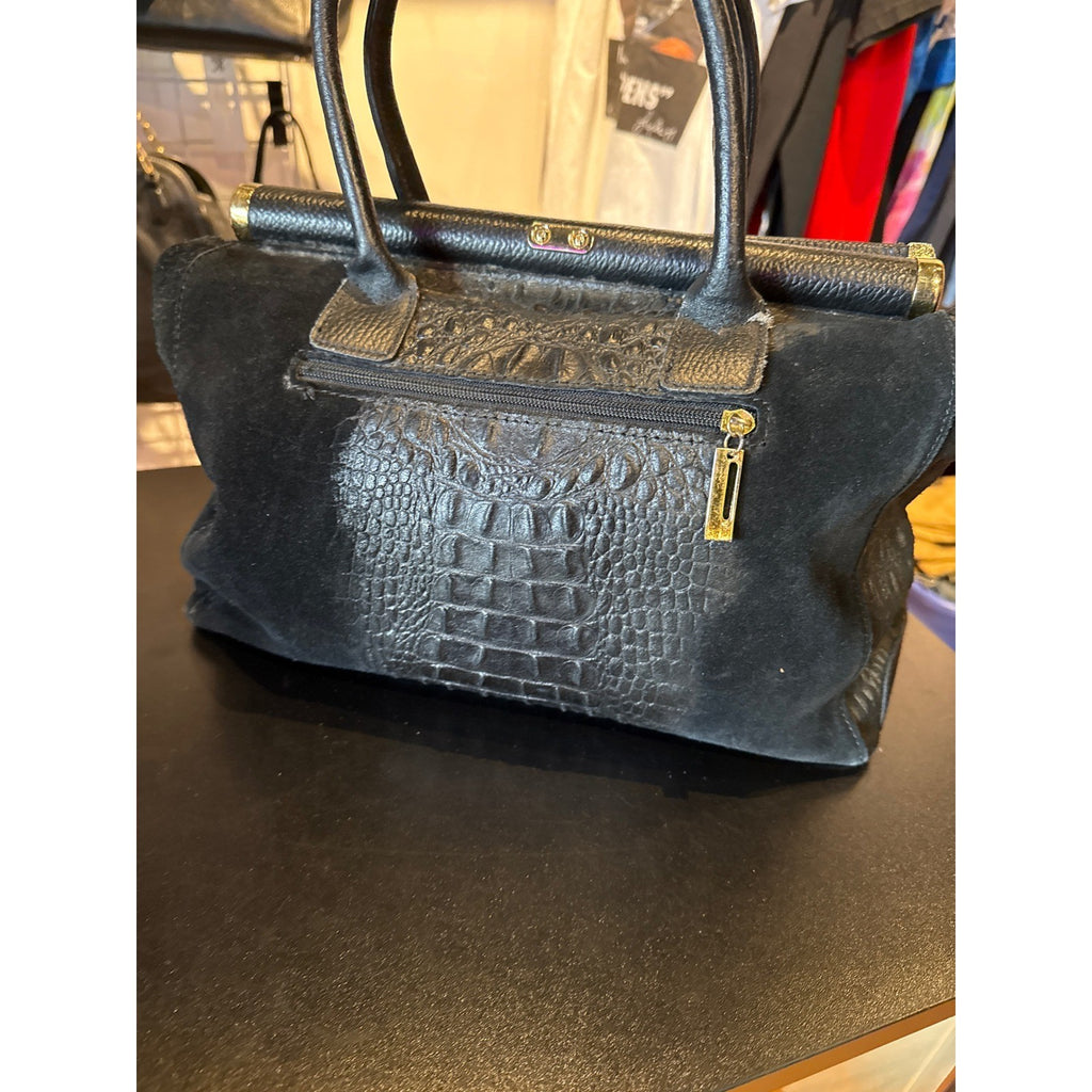 Valentino Orlandi Black Crocodile Embossed Leather Suede Satchel Frame Bag Italy