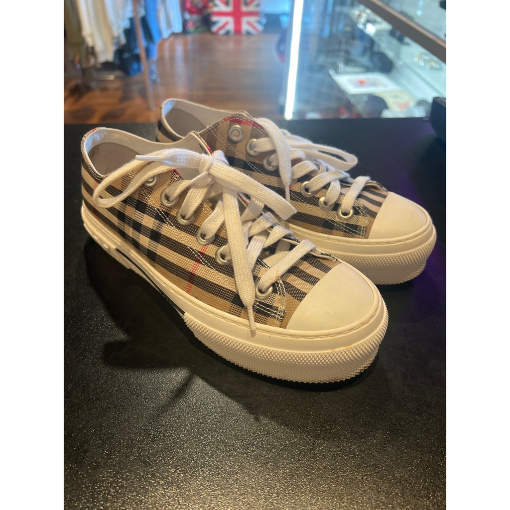 Burberry Vintage Check Canvas Platform Sneakers Beige Plaid Low Top Shoes 36.5
