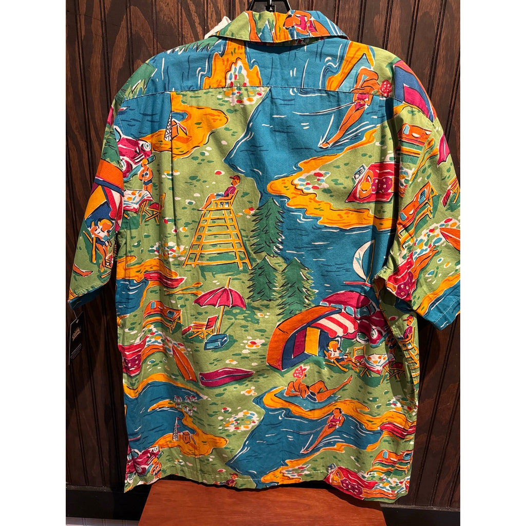 Polo Ralph Lauren Beach Scene Print Cotton Camp Shirt Green Mens Large 27x31
