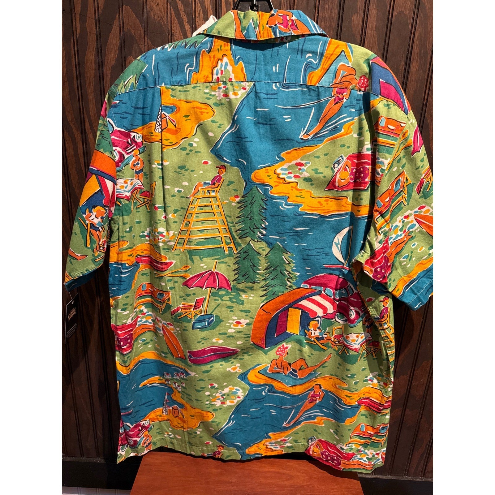 Polo Ralph Lauren Beach Scene Print Cotton Camp Shirt Green Mens Large 27x31
