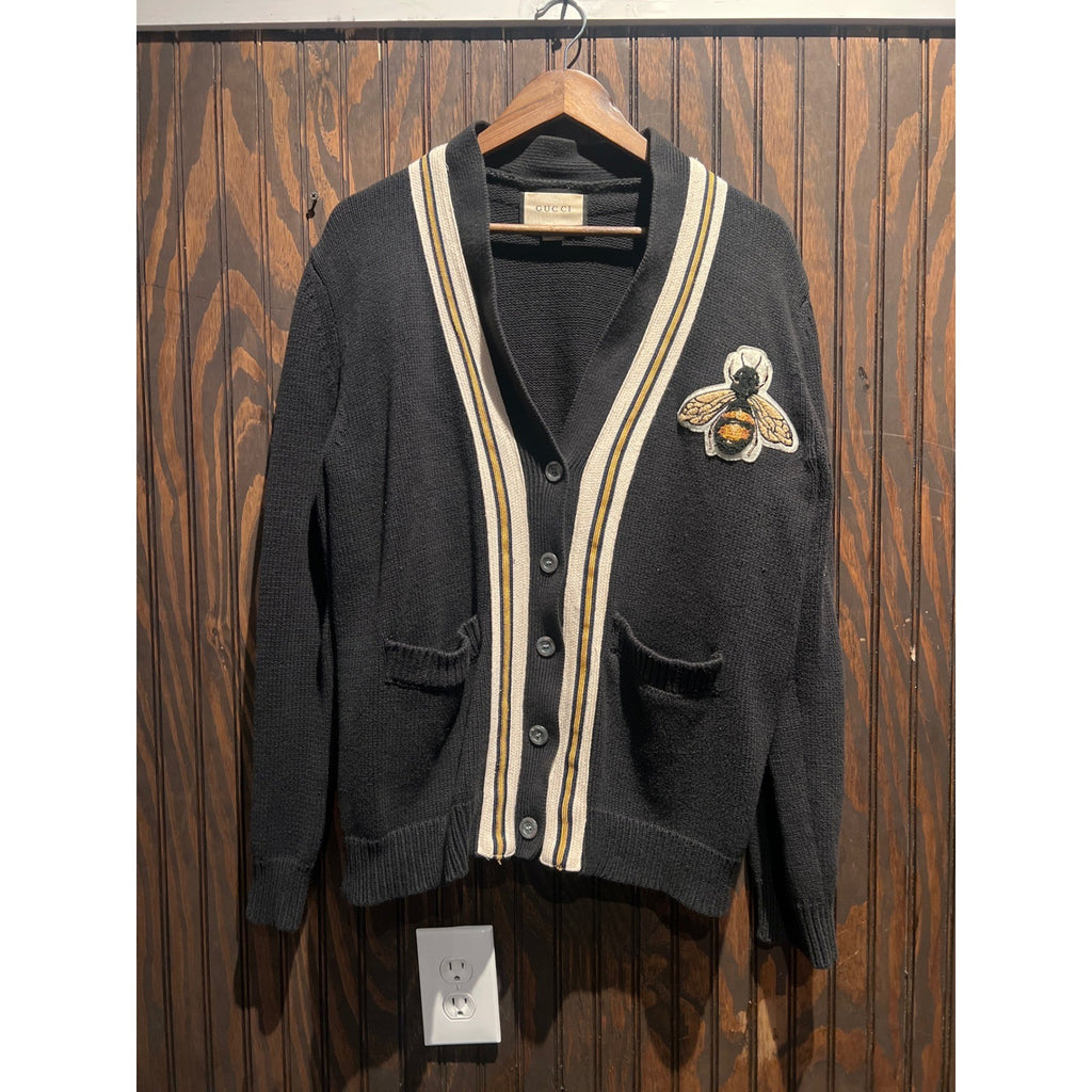 Gucci Mens Black Cotton Knit Bee Applique Striped Trim Cardigan Sweater Italy