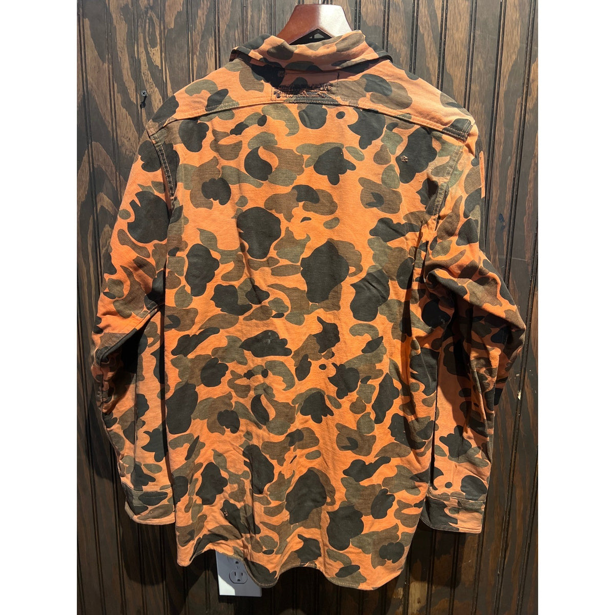 Vintage Woolrich Duck Hunter Camo Chamois Cloth Shirt Orange Brown Mens Large