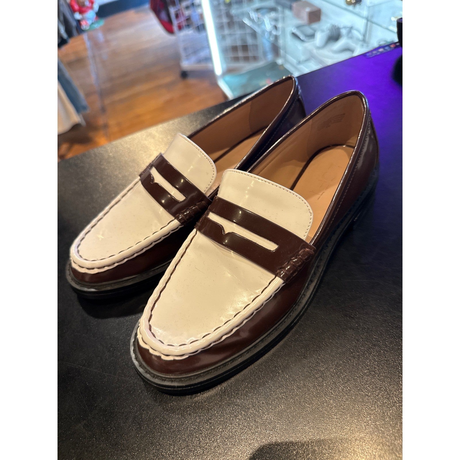 LOFT Womens Two Tone Penny Loafers Burgundy Cream Patent Colorblock Flats