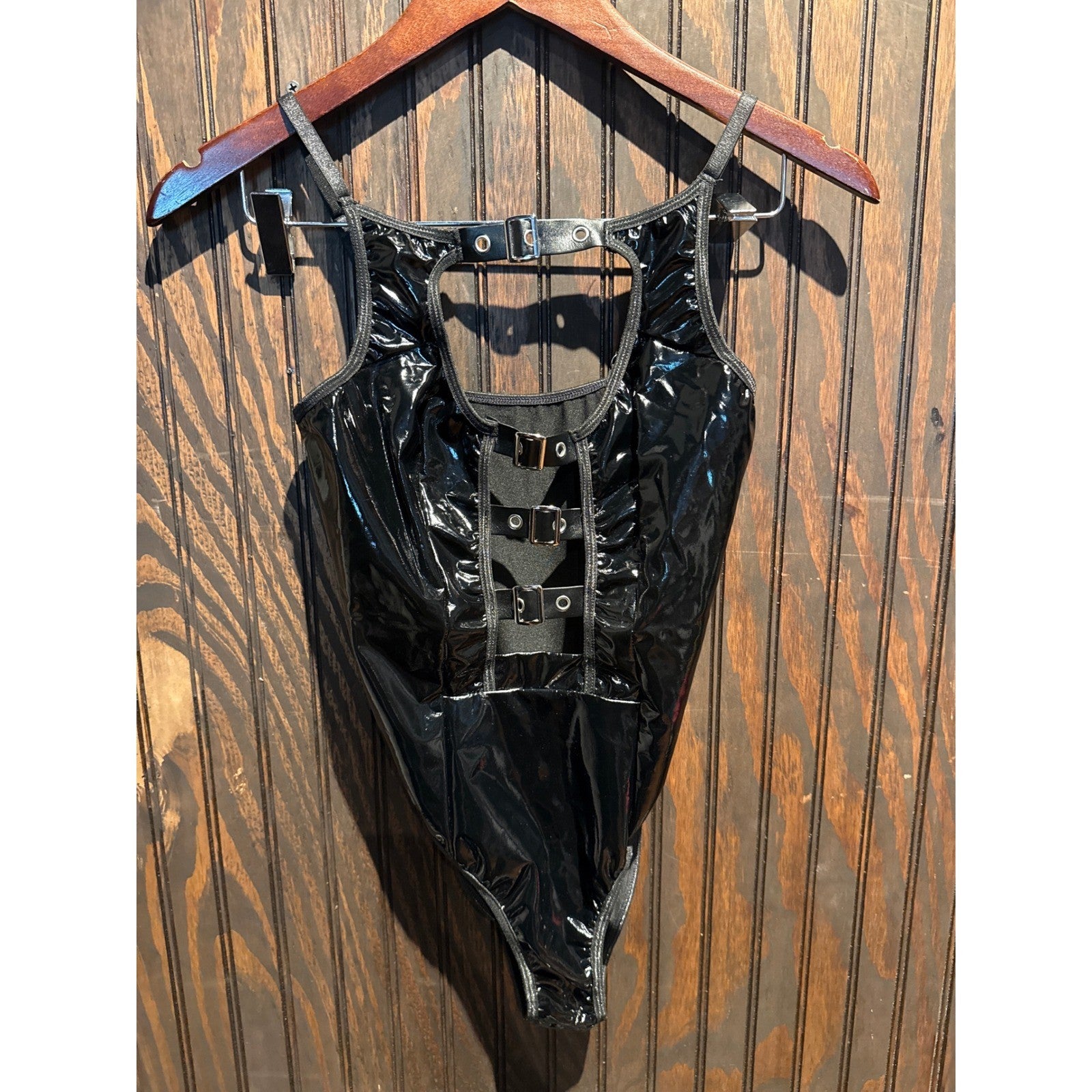 Black Faux Leather Buckle Bodysuit High Cut Patent PVC Clubwear Festival Top