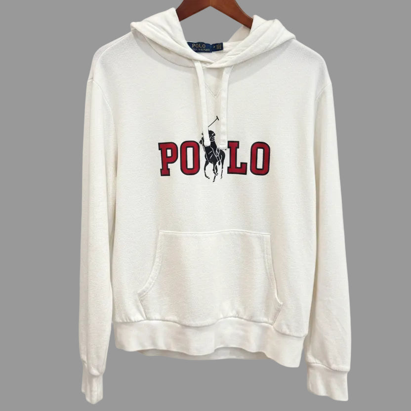 Polo Ralph Lauren Men White Terry Cloth Big Pony Spellout Hoodie Size M