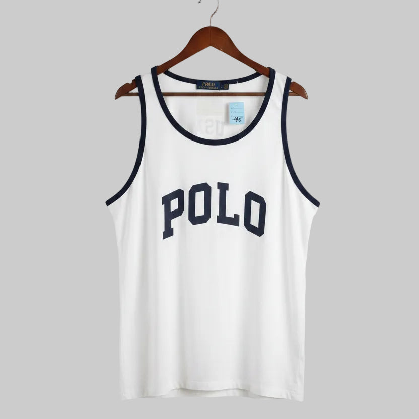 Polo Ralph Lauren Mens White Navy Ringer Tank Top Graphic Logo Sleeveless L
