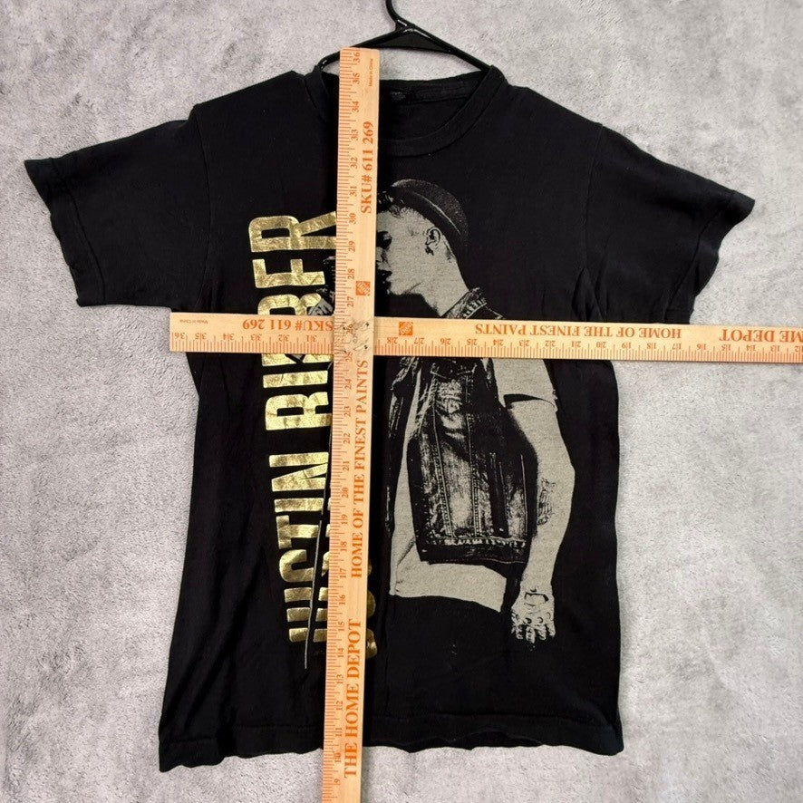 Justin Bieber Believe Tour T Shirt Black Gold Graphic Print Short Sleeve Size S