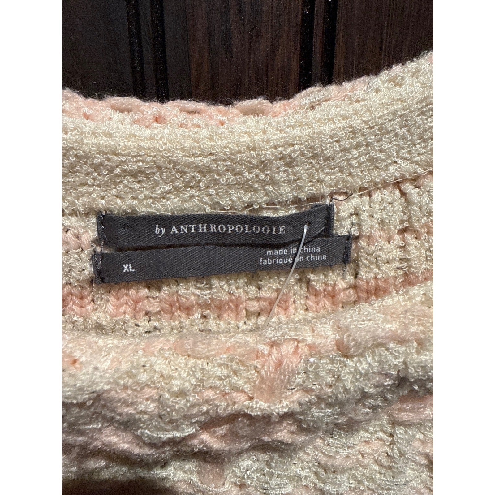 Anthropologie Pink Cream Textured Windowpane Knit Fringe Pocket Sweater Top L