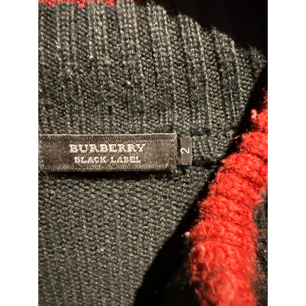 Burberry Black Label Mens Full Zip Striped Knit Sweater Grey Red Knight Logo