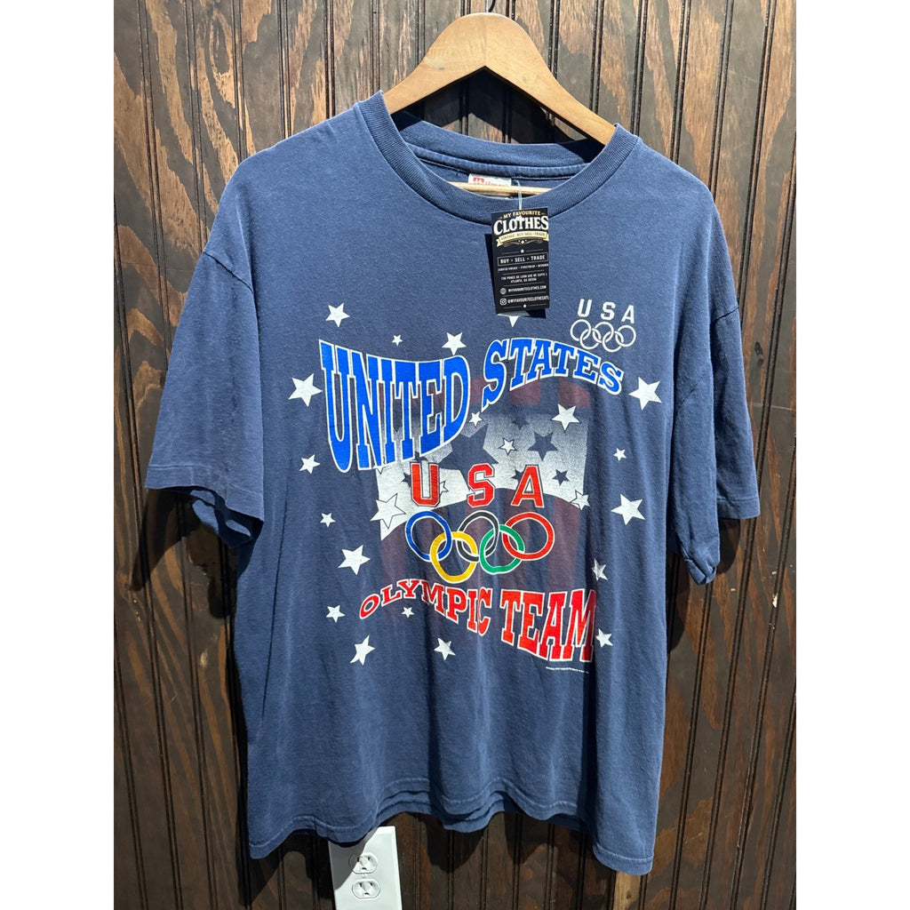 Vintage Hanes USA Olympic Team T-Shirt Navy Blue Stars Graphic Tee XL 23x29