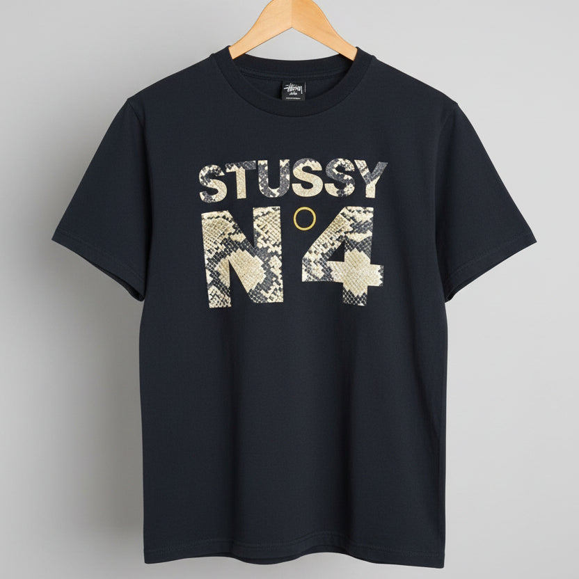 Stussy No. 4 Snakeskin Graphic T-Shirt Mens Small Black Short Sleeve Crewneck