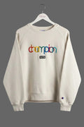 Champion x Kith Crewneck Sweatshirt Cream Rainbow Embroidered Logo Mens XL 24x30