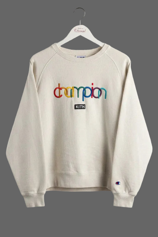 Champion x Kith Crewneck Sweatshirt Cream Rainbow Embroidered Logo Mens XL 24x30
