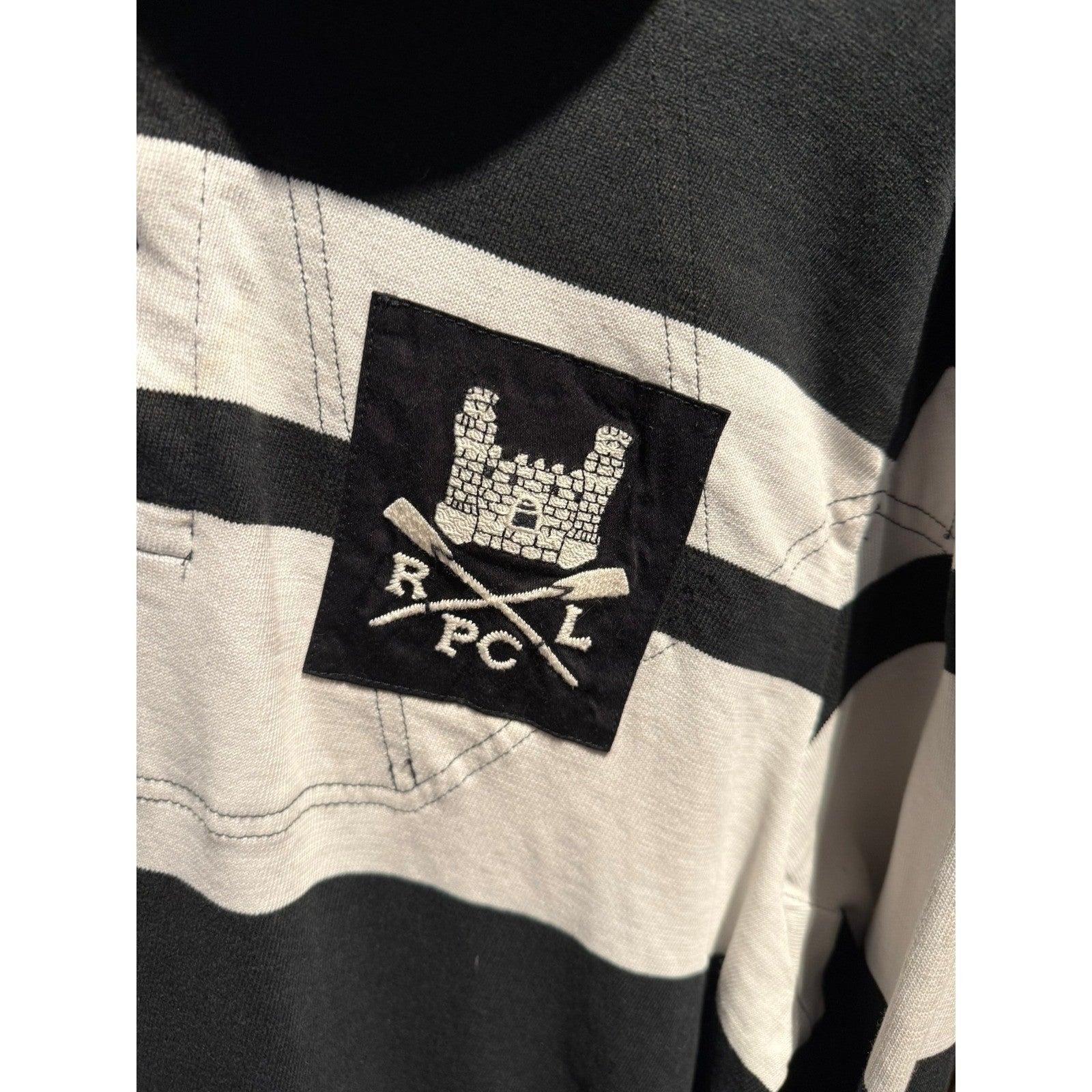 Polo Ralph Lauren Mens Custom Fit Rugby Hoodie Striped RLPC Crest Black White L