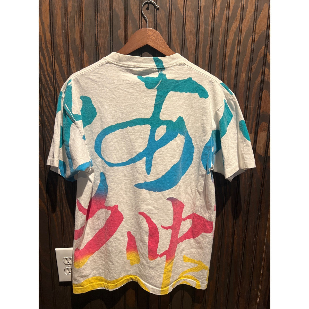 Vintage Anvil All Over Print Japanese Kanji Graphic T-Shirt White L 90s Art