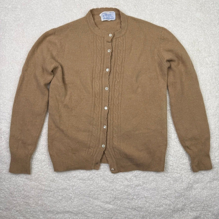 Vintage DEANS of Scotland Cable Knit Cardigan Pure Wool Tan Button Up Size 38