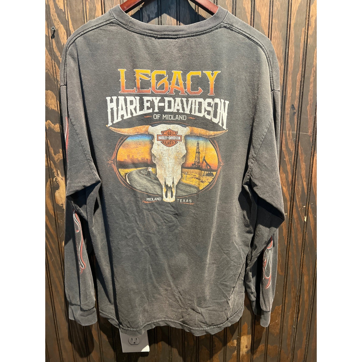 Harley Davidson Vintage Faded Black Flame Graphic Long Sleeve Tee Shirt XL 24x30