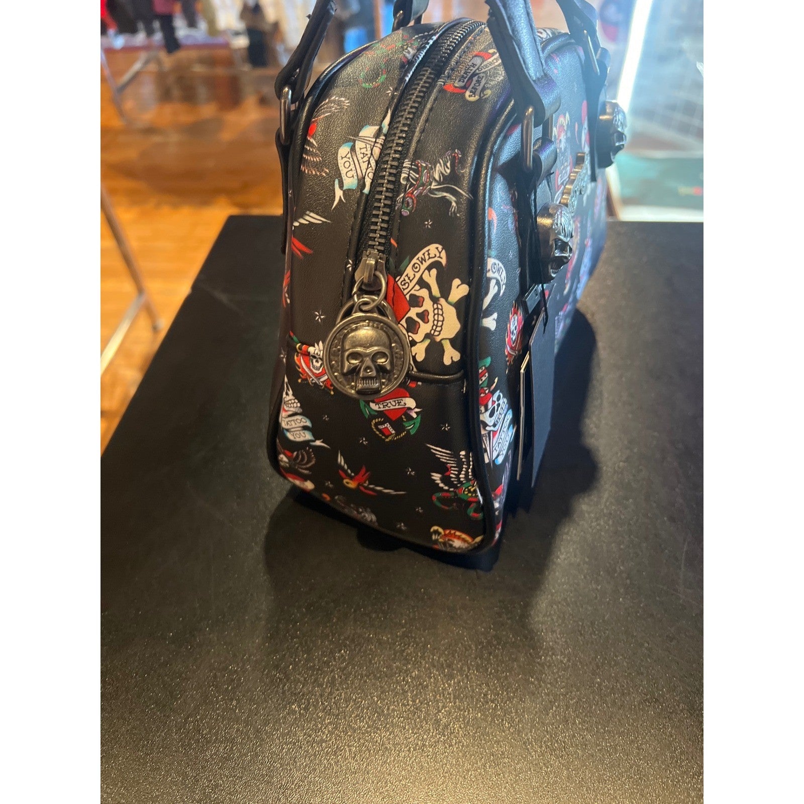 Ed Hardy Tattoo Flash Dome Satchel Bag Black Skull Hardware New NWT